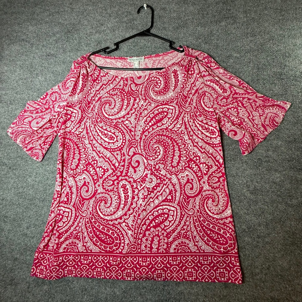 Susan Graver Pink Paisley Liquid Knit Cold Shoulder Top Medium Elbow Sleeve
